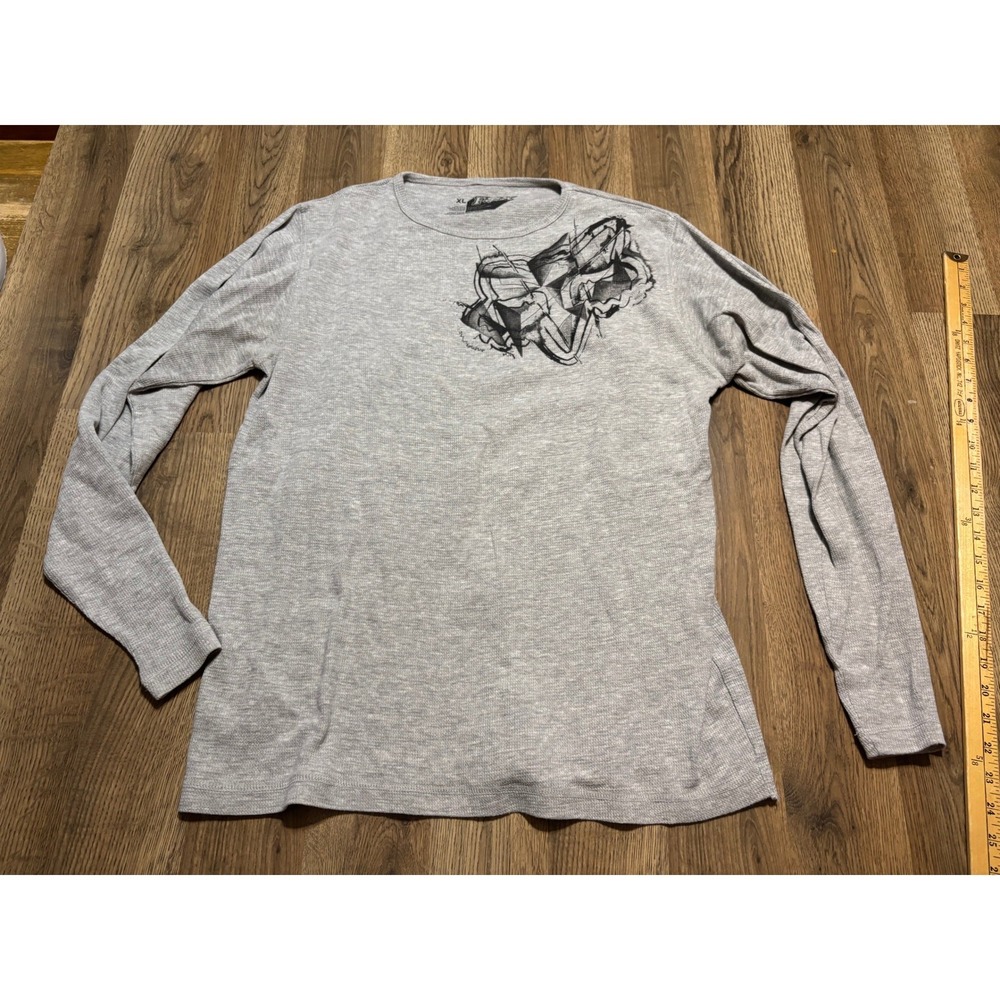 Fox Racing Shirt Mens Size XL Gray Long Sleeve Graphic Thermal Waffle Knit Crew